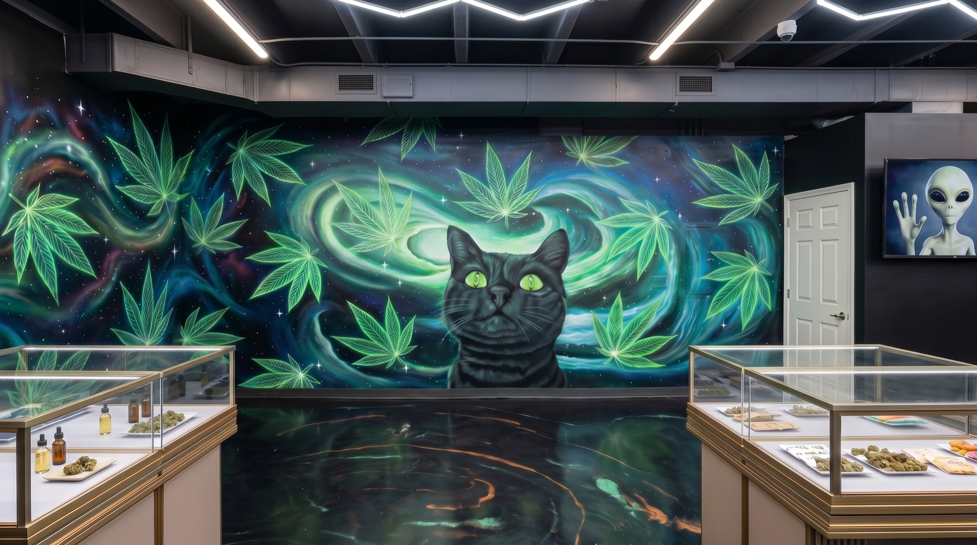 Inside MN Dispensary Co — cosmic mural, display cases, the vibe.